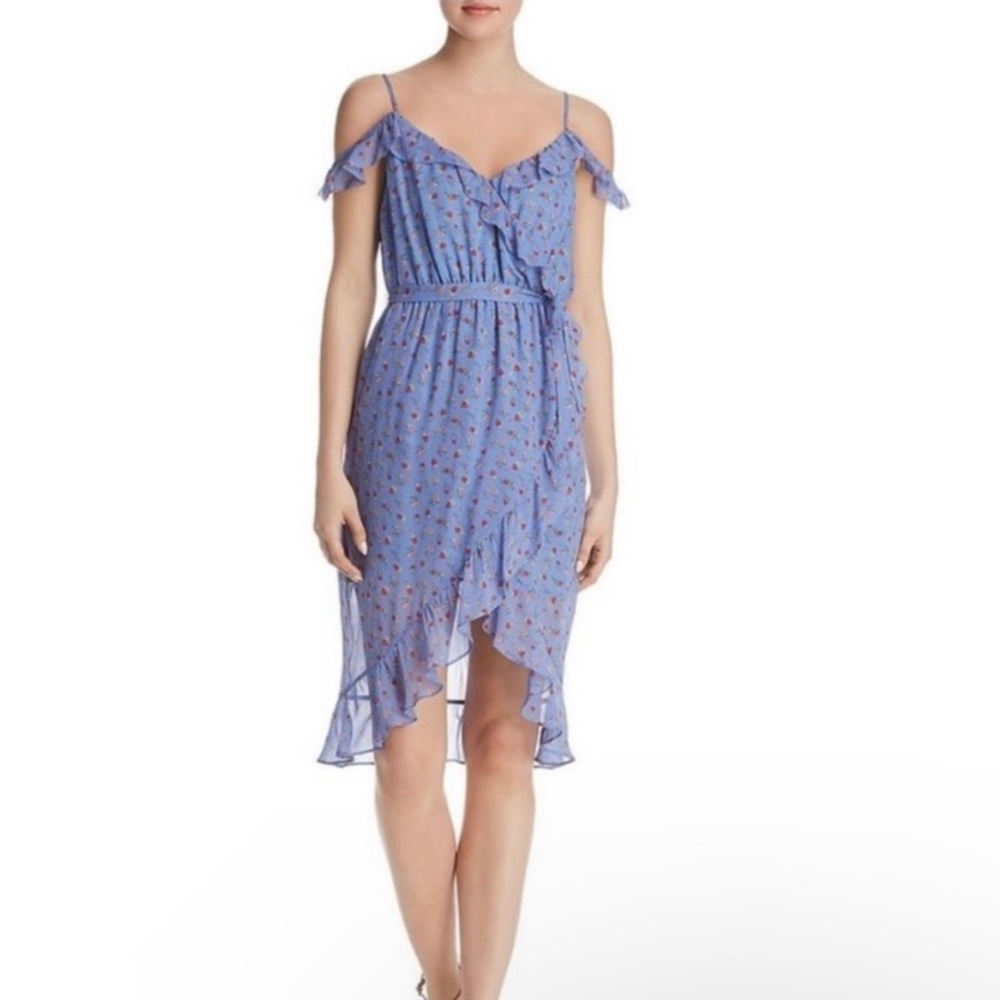 Joie Cold-Shoulder Dinesha Blue Ruffled Strawberry Print Silk Dress